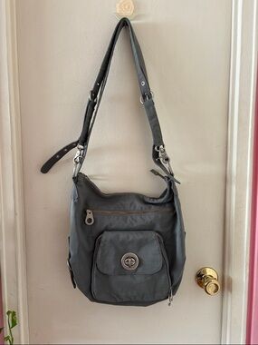 Baggalini Brussels Gray Crossbody Bag with O-Rings, Double Strap & Yellow Lining